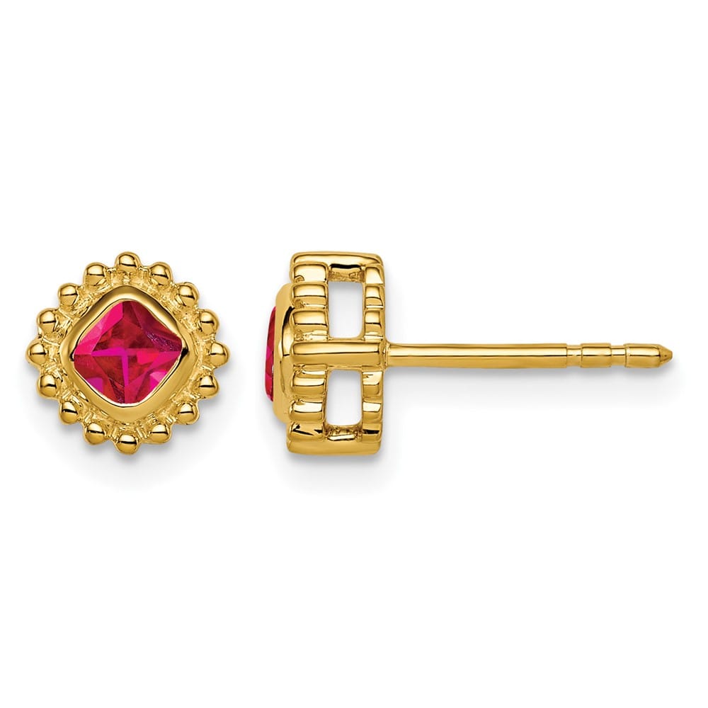 14K Yellow Gold 3.4mm Cushion Ruby Post Earrings, view 1 of 2