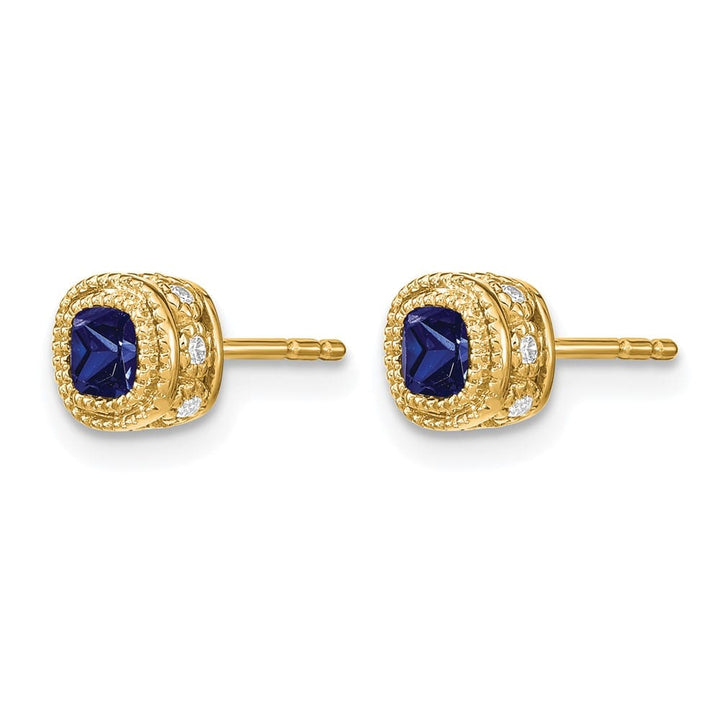 14K Yellow Gold 3.4mm Cushion Sapphire and Diamond Post Earrings, view 2 of 4