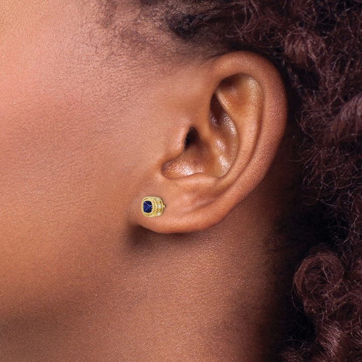 14K Yellow Gold 3.4mm Cushion Sapphire and Diamond Post Earrings, view 3 of 4