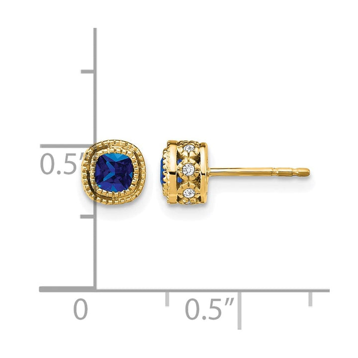 14K Yellow Gold 3.4mm Cushion Sapphire and Diamond Post Earrings, view 4 of 4