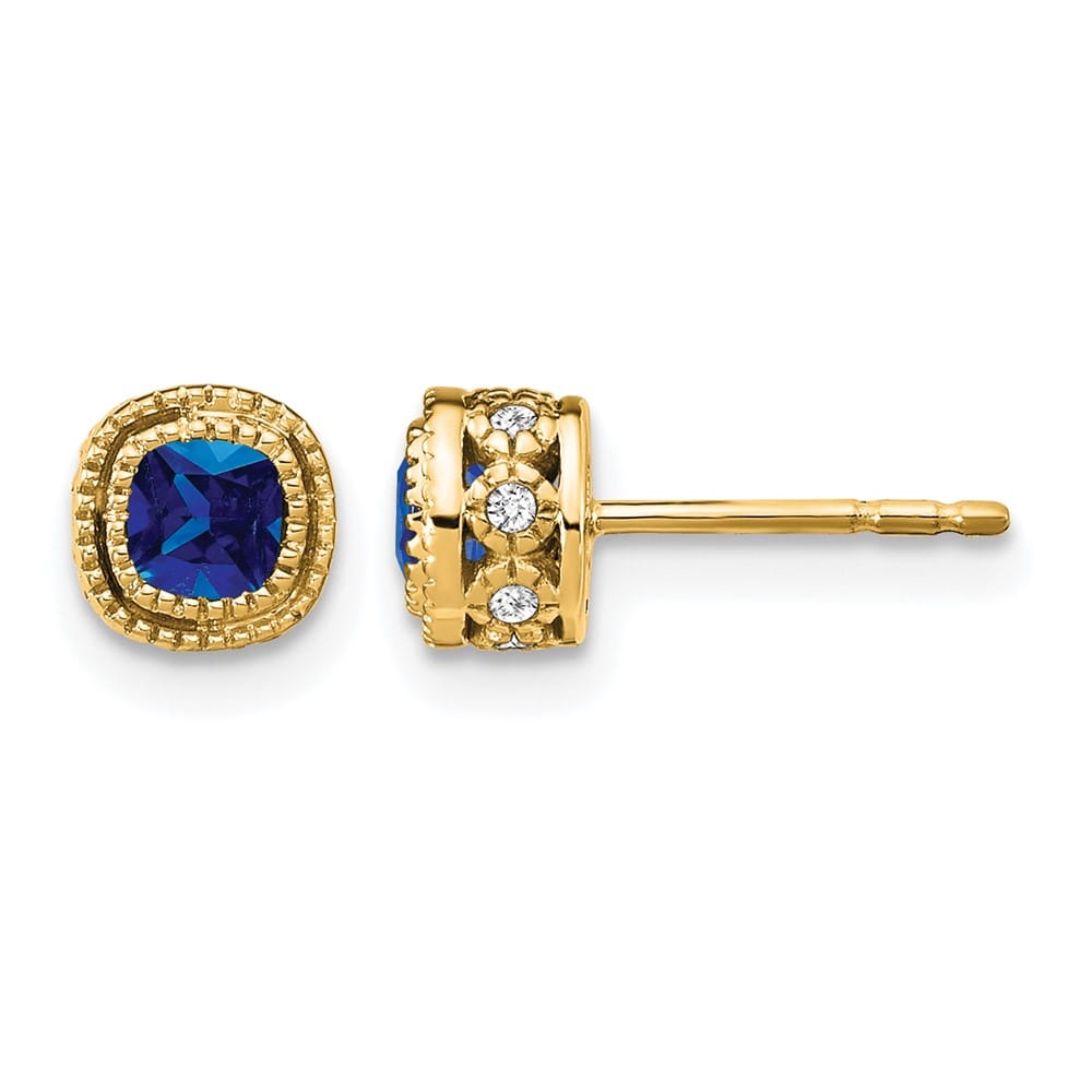 14K Yellow Gold 3.4mm Cushion Sapphire and Diamond Post Earrings, view 1 of 4
