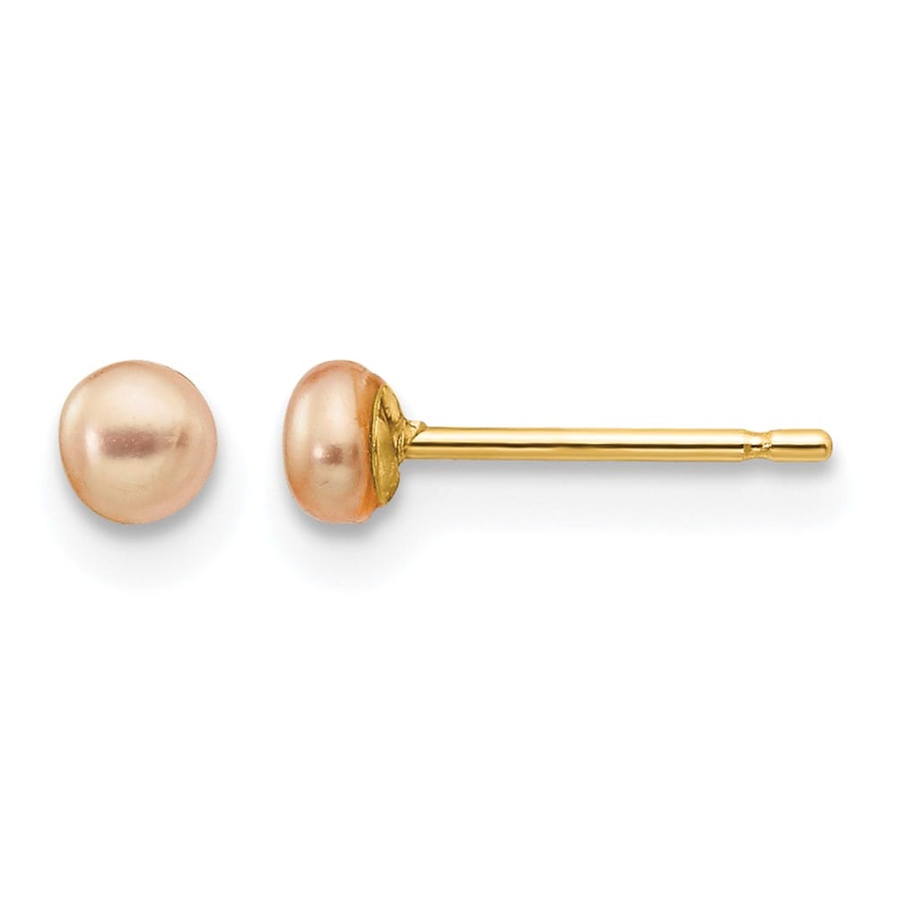 14K Yellow Gold 3-4mm Pink Button Freshwater Pearl Stud Post Earrings