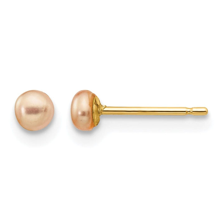 14K Yellow Gold 3-4mm Pink Button Freshwater Pearl Stud Post Earrings