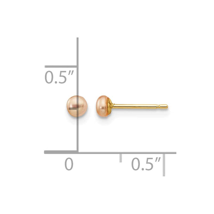 14K Yellow Gold 3-4mm Pink Button Freshwater Pearl Stud Post Earrings