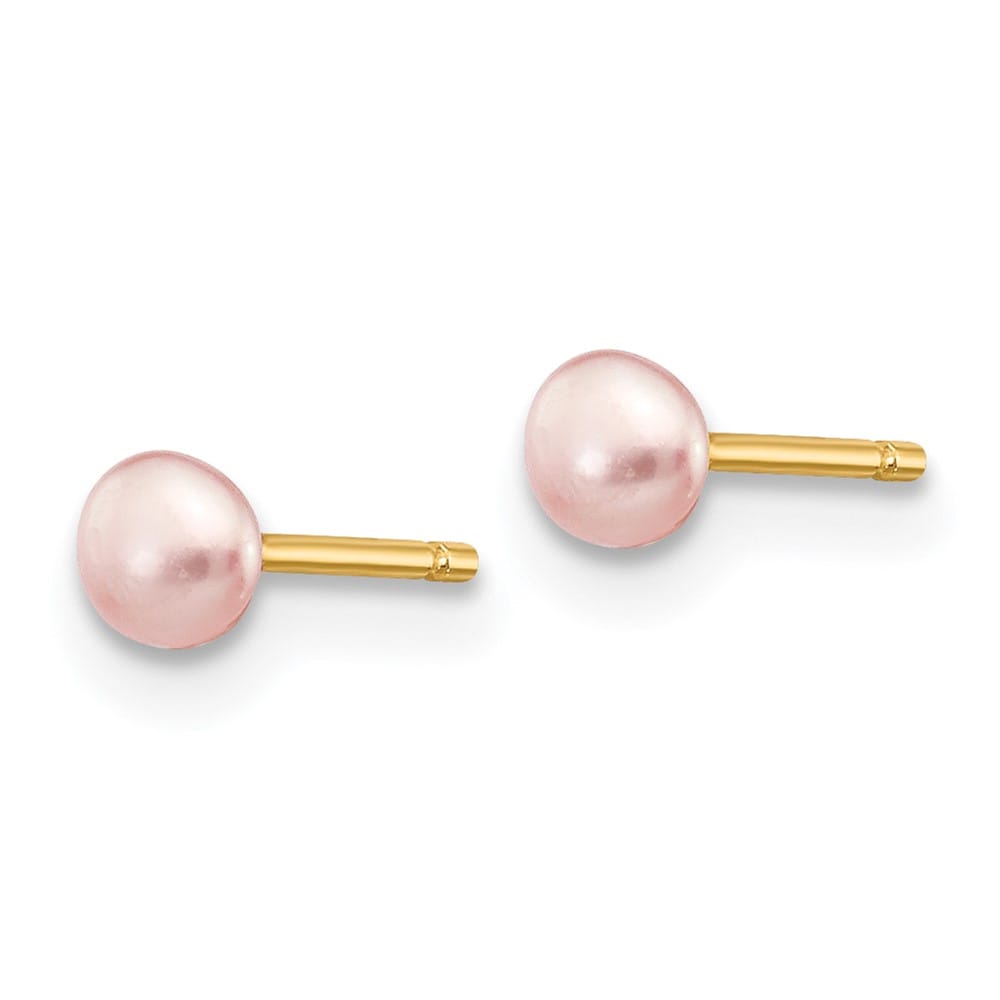 14K Yellow Gold 3-4mm Pink Button Freshwater Pearl Stud Post Earrings