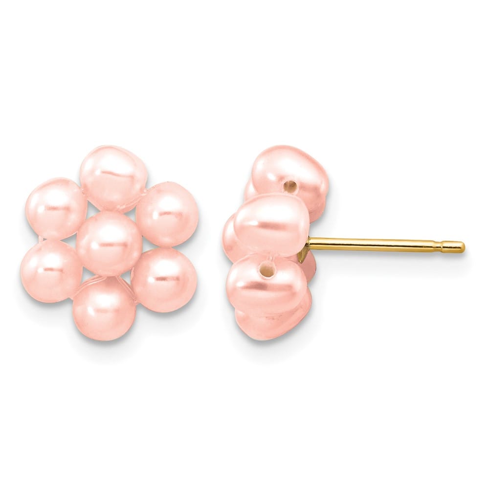 14K Yellow Gold 3-4mm Pink Egg-shape Freshwater Pearl Flower Earrings