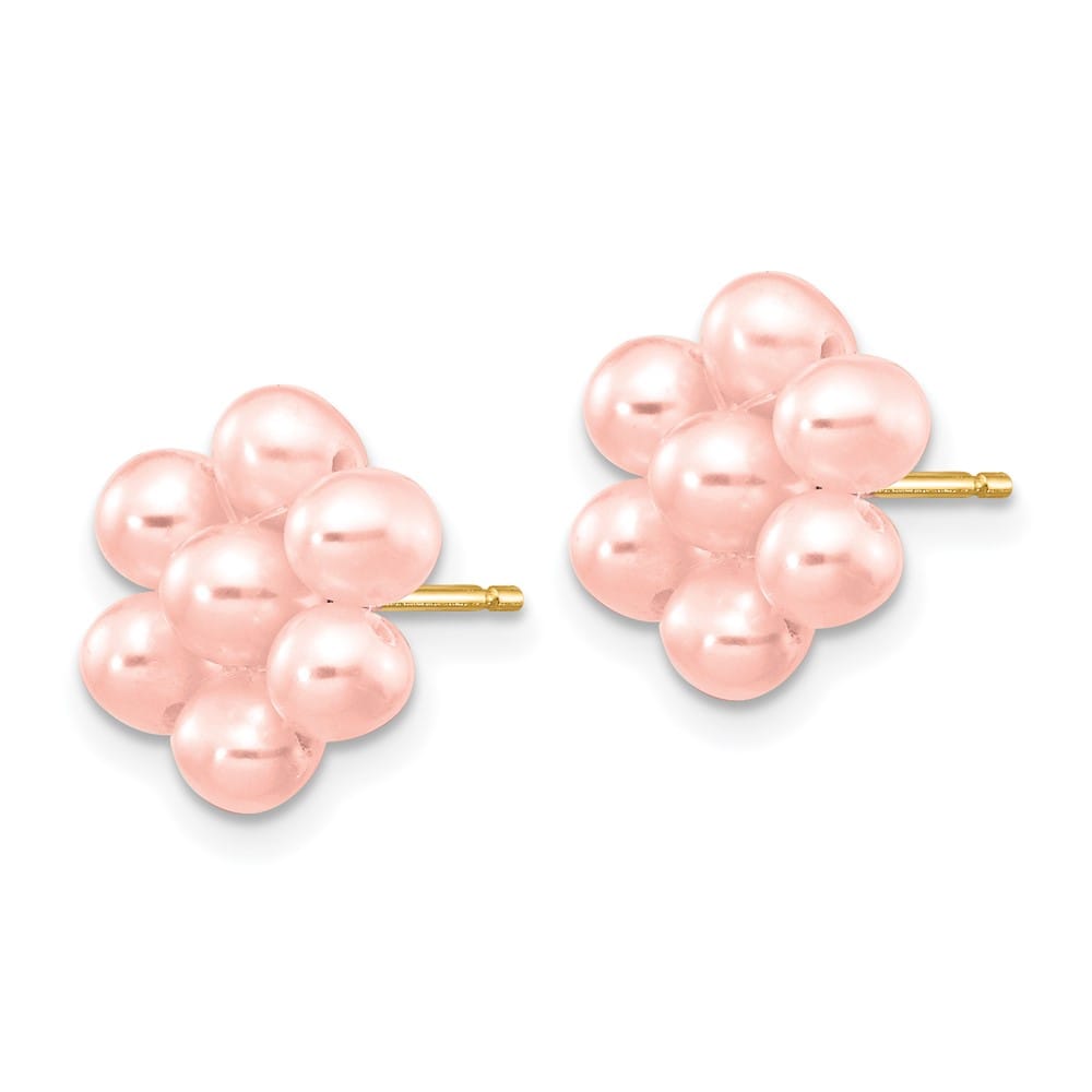 14K Yellow Gold 3-4mm Pink Egg-shape Freshwater Pearl Flower Earrings