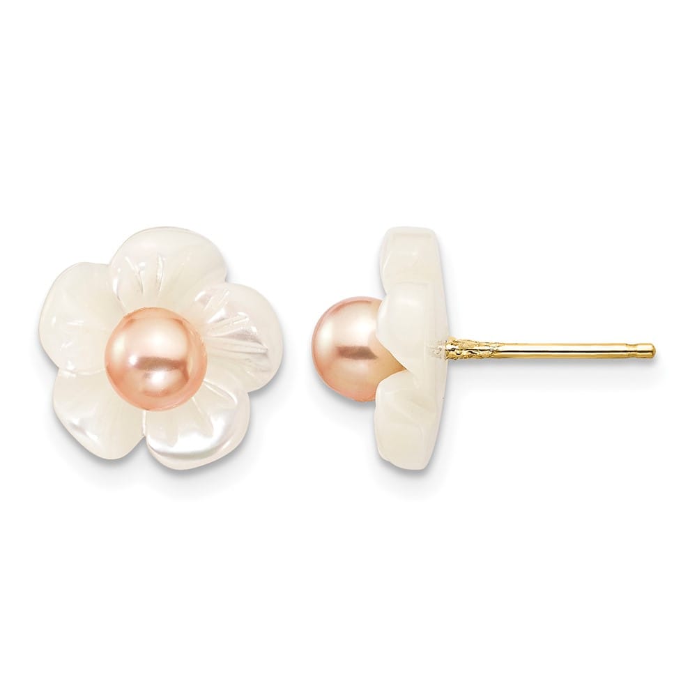 14K Yellow Gold 3-4mm Pink Round Freshwater Pearl and 10mm Earrings