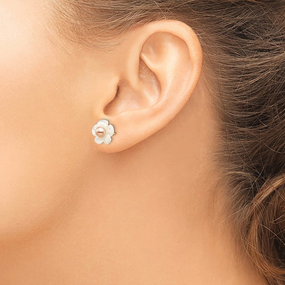14K Yellow Gold 3-4mm Pink Round Freshwater Pearl and 10mm Earrings