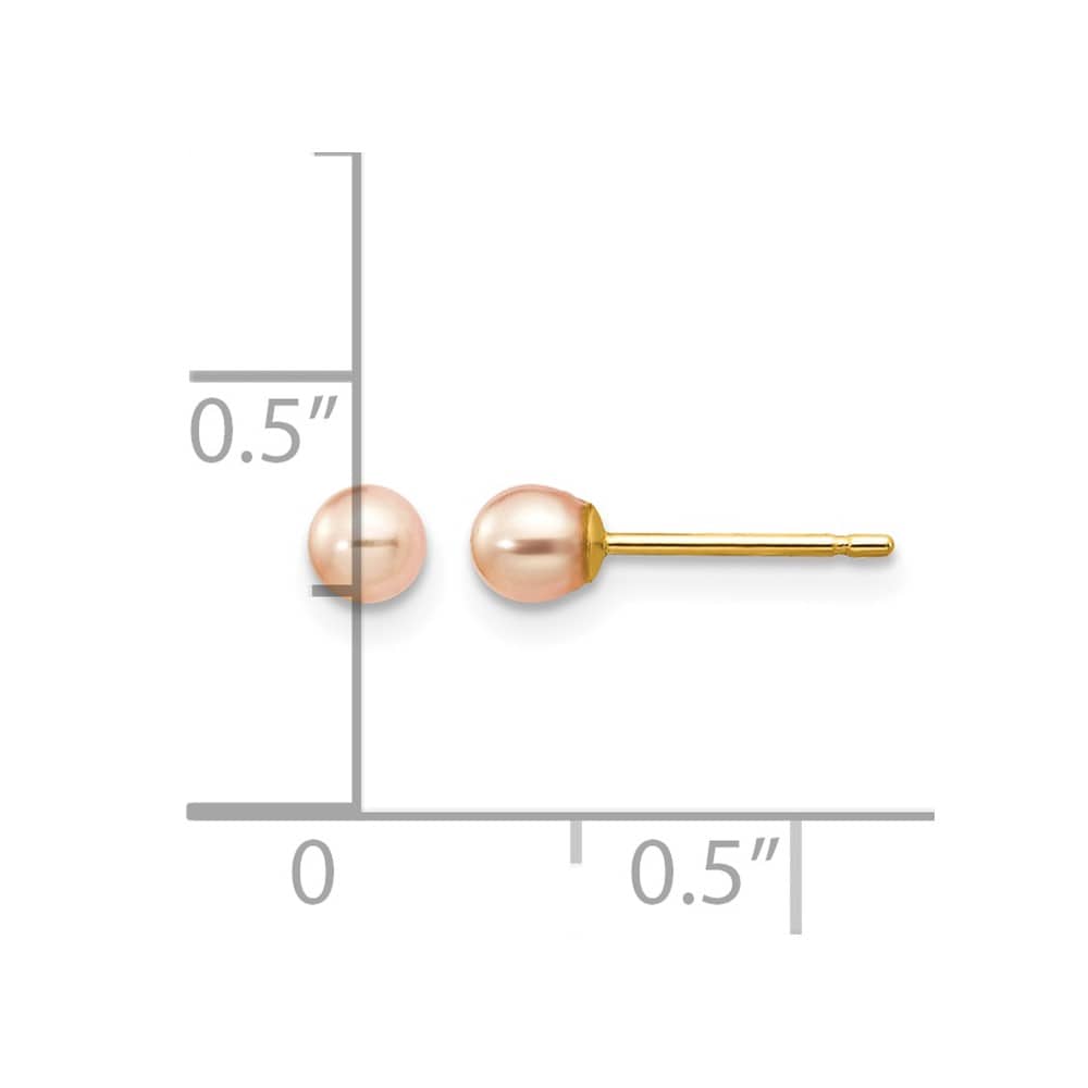 14K Yellow Gold 3-4mm Pink Round Freshwater Pearl Stud Post Earrings, view 4 of 4