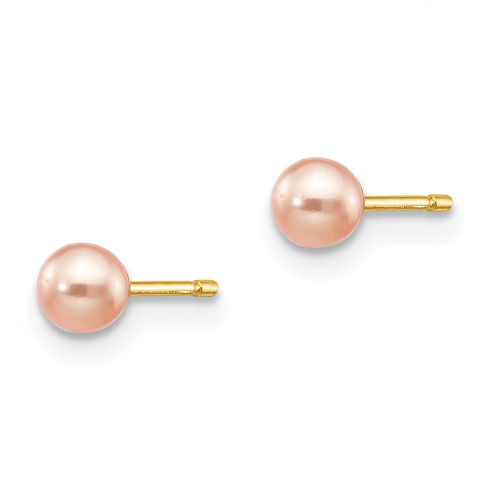 14K Yellow Gold 3-4mm Pink Round Freshwater Pearl Stud Post Earrings, view 2 of 4