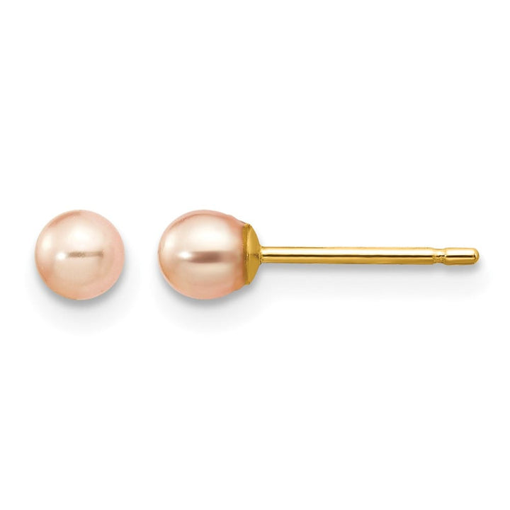 14K Yellow Gold 3-4mm Pink Round Freshwater Pearl Stud Post Earrings, view 1 of 4