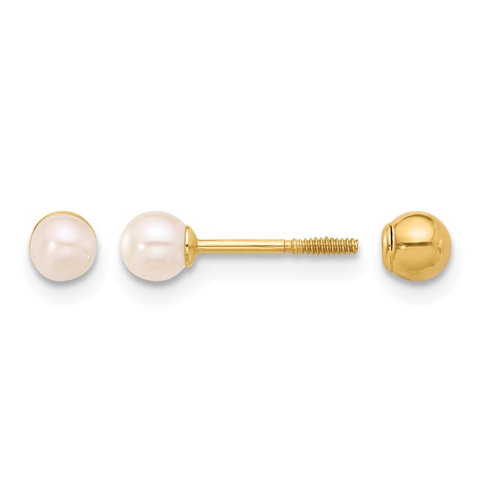 14K Yellow Gold 3-4mm Round Freshwater Pearl Front and Back Earrings