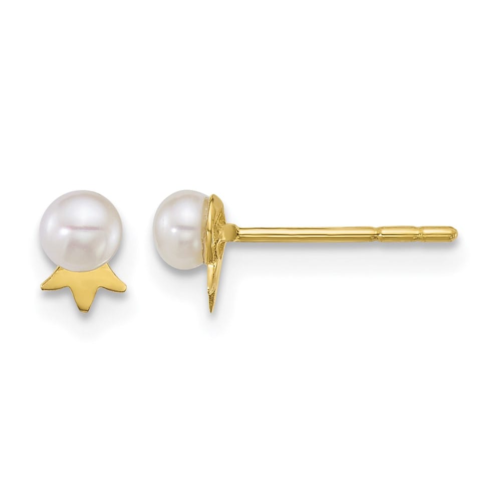14K Yellow Gold 3-4mm Round White Freshwater Pearl with Earrings