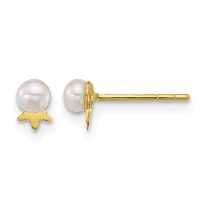 14K Yellow Gold 3-4mm Round White Freshwater Pearl with Earrings