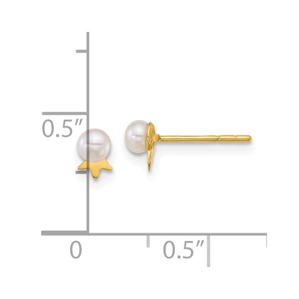 14K Yellow Gold 3-4mm Round White Freshwater Pearl with Earrings