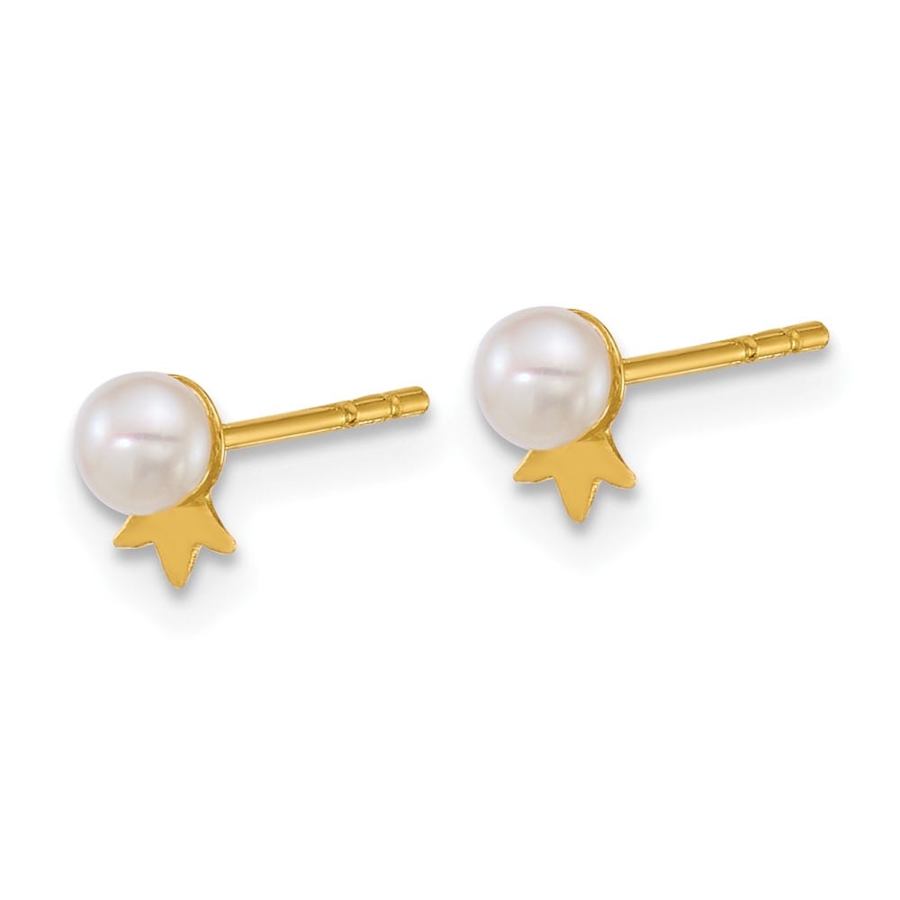 14K Yellow Gold 3-4mm Round White Freshwater Pearl with Earrings