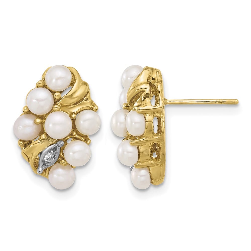 14K Yellow Gold 3-4mm White Button Freshwater Pearl and .02 Earrings