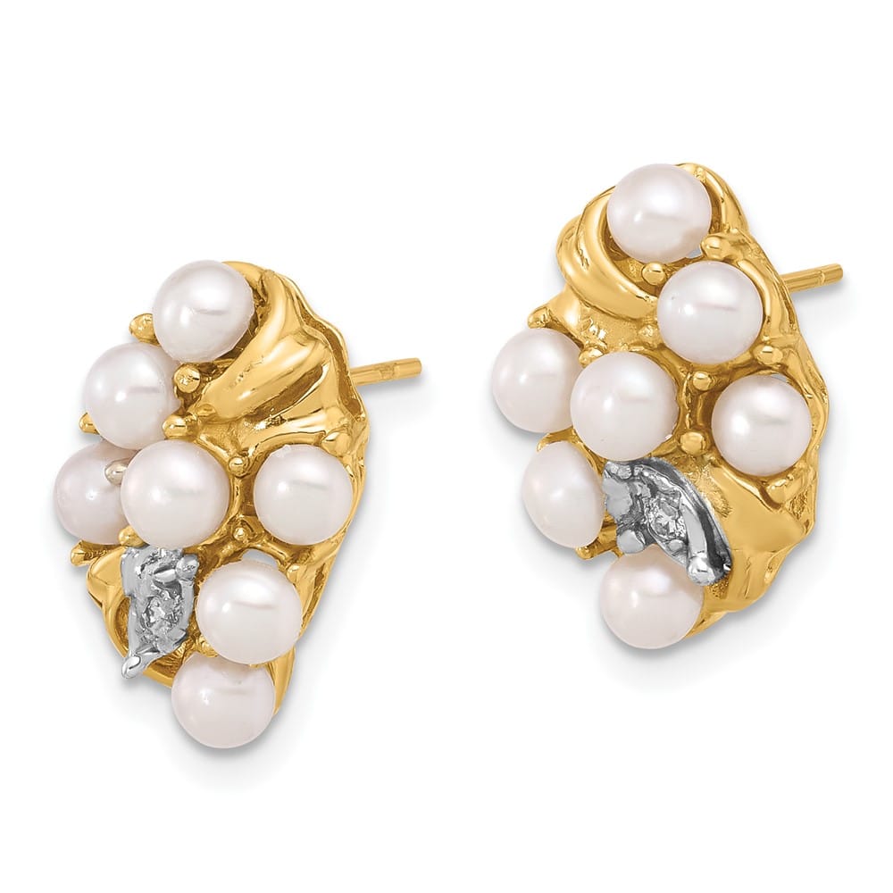14K Yellow Gold 3-4mm White Button Freshwater Pearl and .02 Earrings
