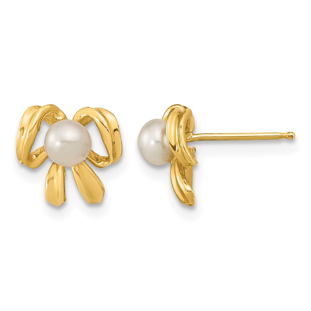 14K Yellow Gold 3-4mm White Button Freshwater Pearl Bow Post Earrings