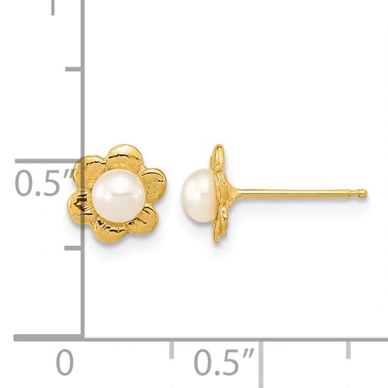 14K Yellow Gold 3-4mm White Button Freshwater Pearl Flower Earrings