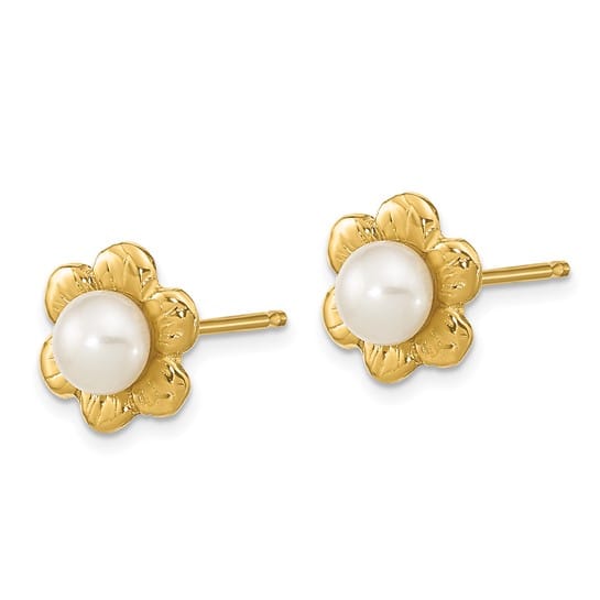 14K Yellow Gold 3-4mm White Button Freshwater Pearl Flower Earrings