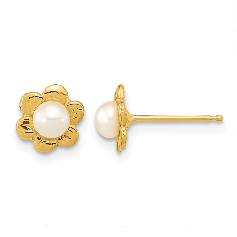 14K Yellow Gold 3-4mm White Button Freshwater Pearl Flower Earrings