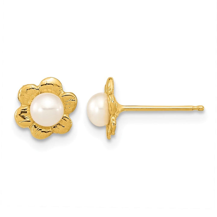 14K Yellow Gold 3-4mm White Button Freshwater Pearl Flower Earrings