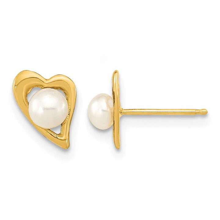 14K Yellow Gold 3-4mm White Button Freshwater Pearl Heart Earrings