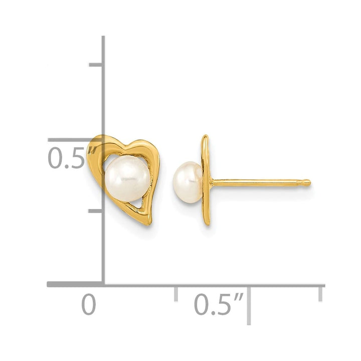 14K Yellow Gold 3-4mm White Button Freshwater Pearl Heart Earrings
