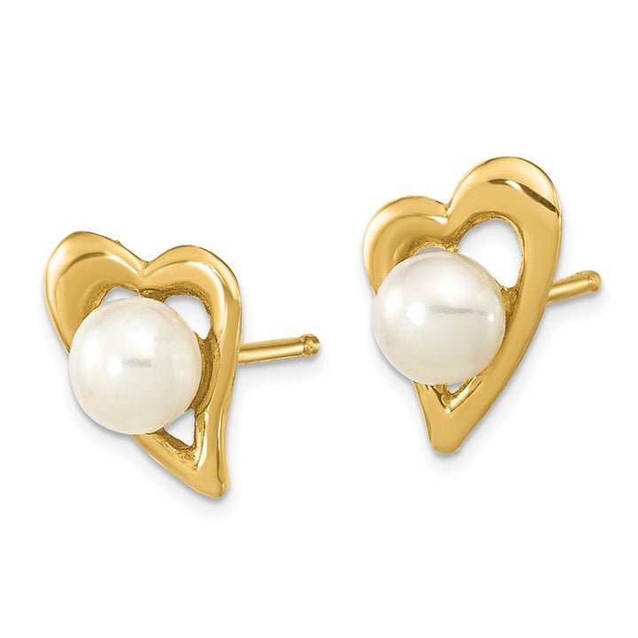 14K Yellow Gold 3-4mm White Button Freshwater Pearl Heart Earrings
