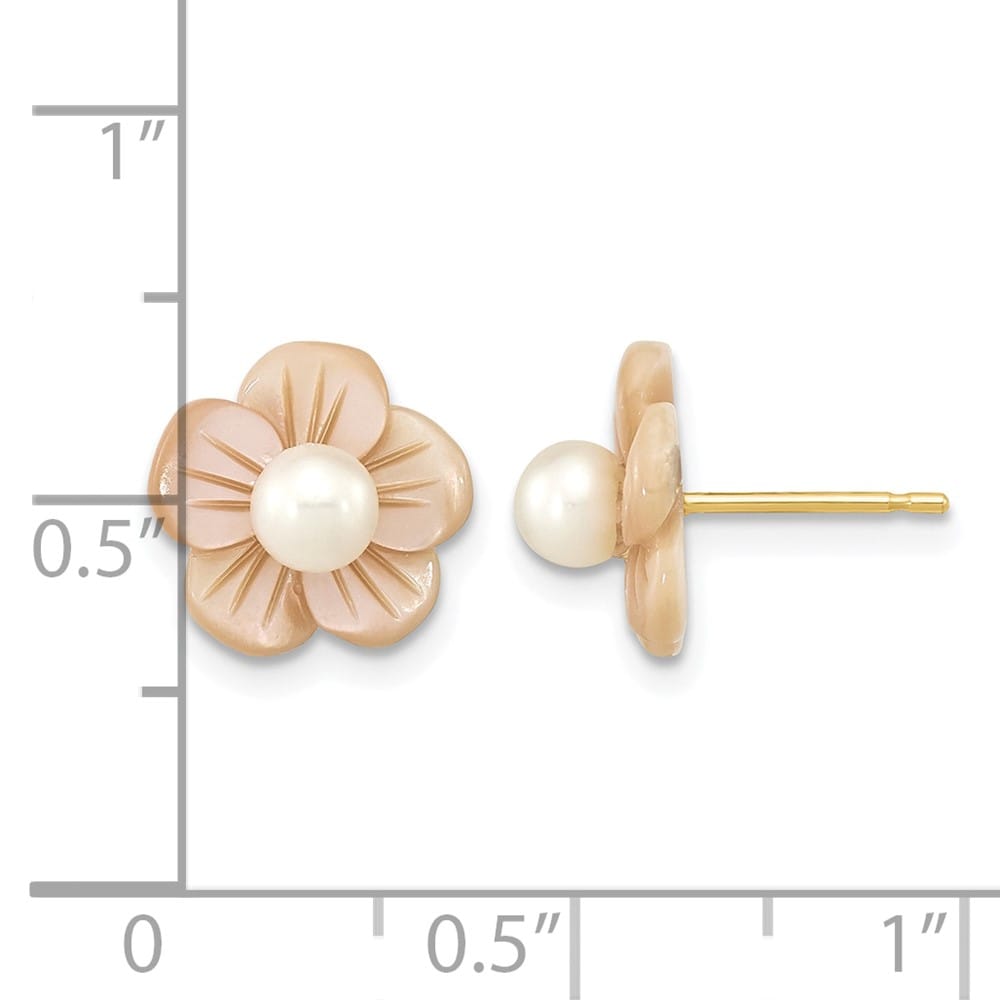 14K Yellow Gold 3-4mm White Round Freshwater Pearl and Pink Earrings