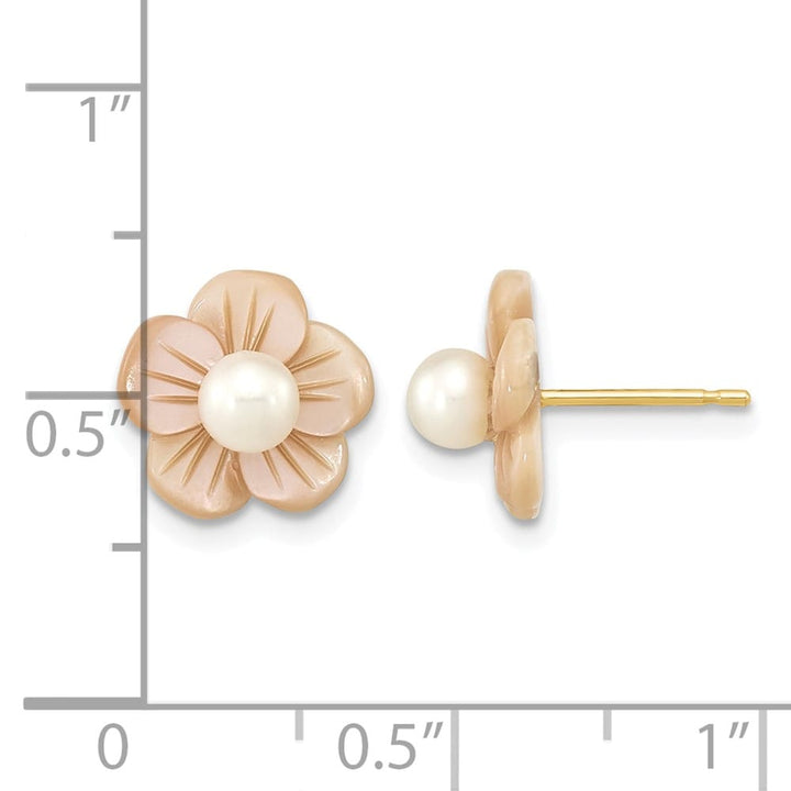 14K Yellow Gold 3-4mm White Round Freshwater Pearl and Pink Earrings