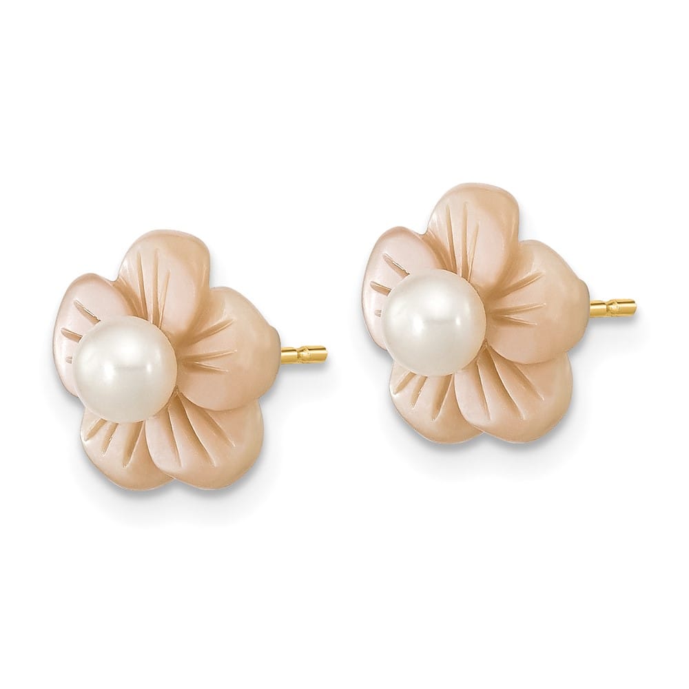 14K Yellow Gold 3-4mm White Round Freshwater Pearl and Pink Earrings