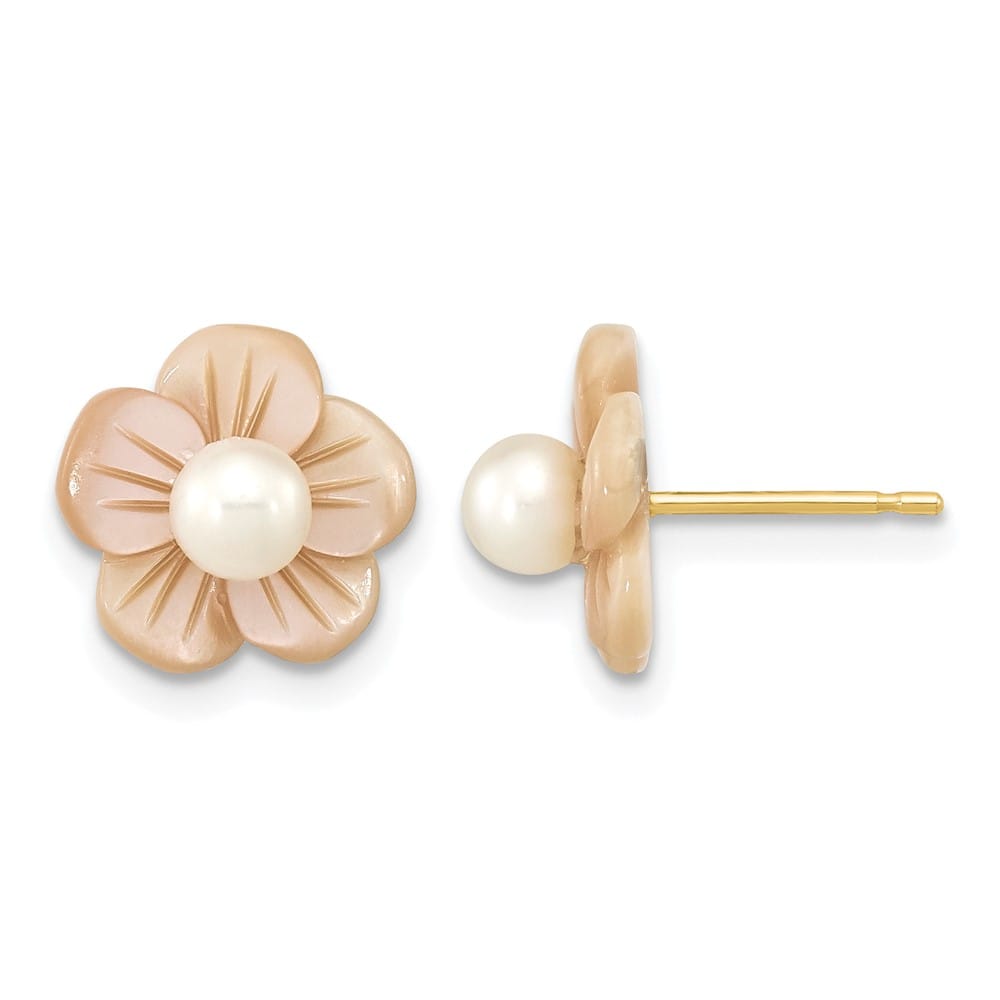 14K Yellow Gold 3-4mm White Round Freshwater Pearl and Pink Earrings