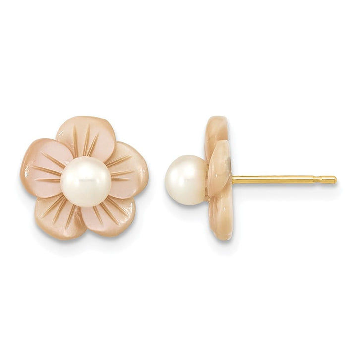 14K Yellow Gold 3-4mm White Round Freshwater Pearl and Pink Earrings