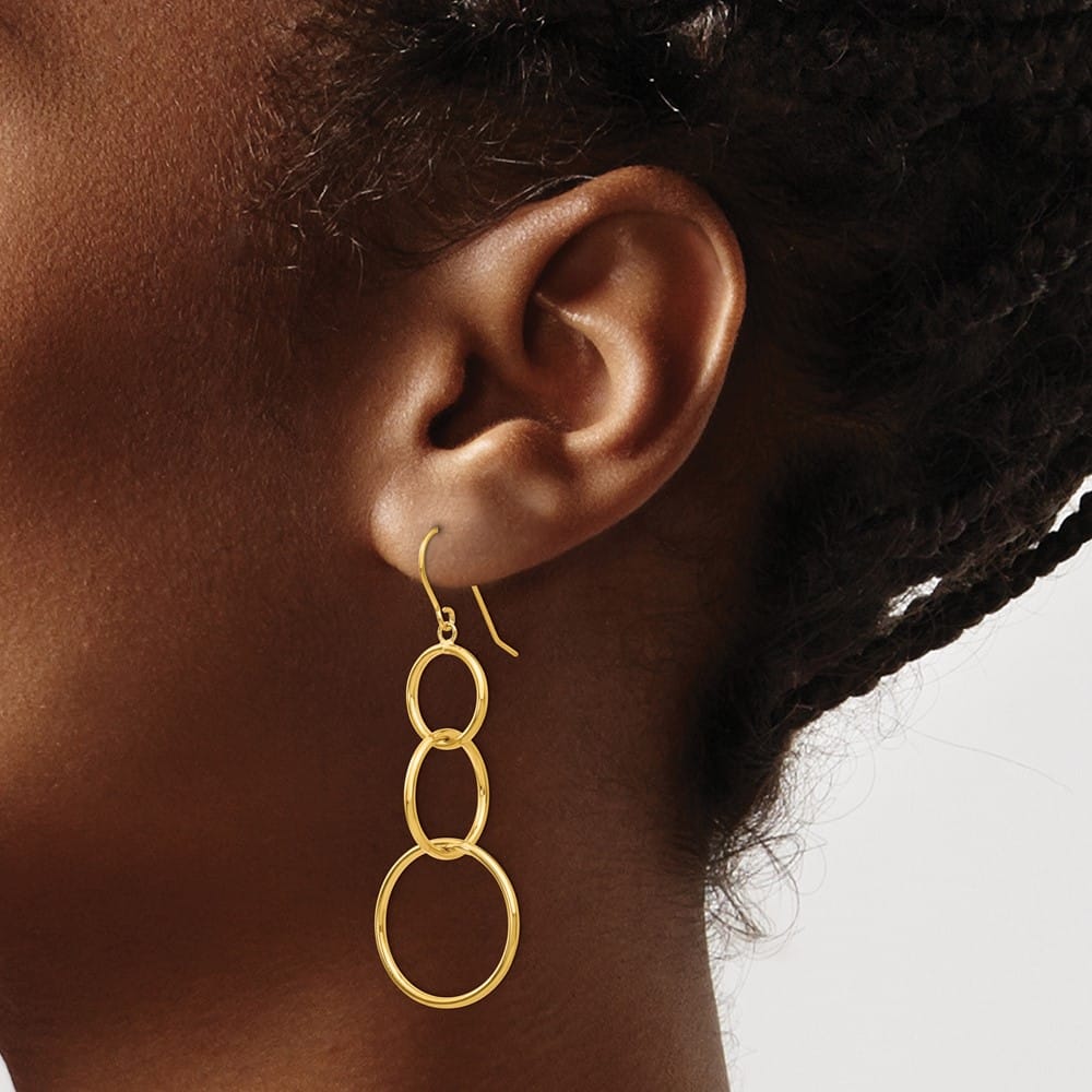 14K Yellow Gold 3 Circle Dangle Wire Earrings, view 3 of 4