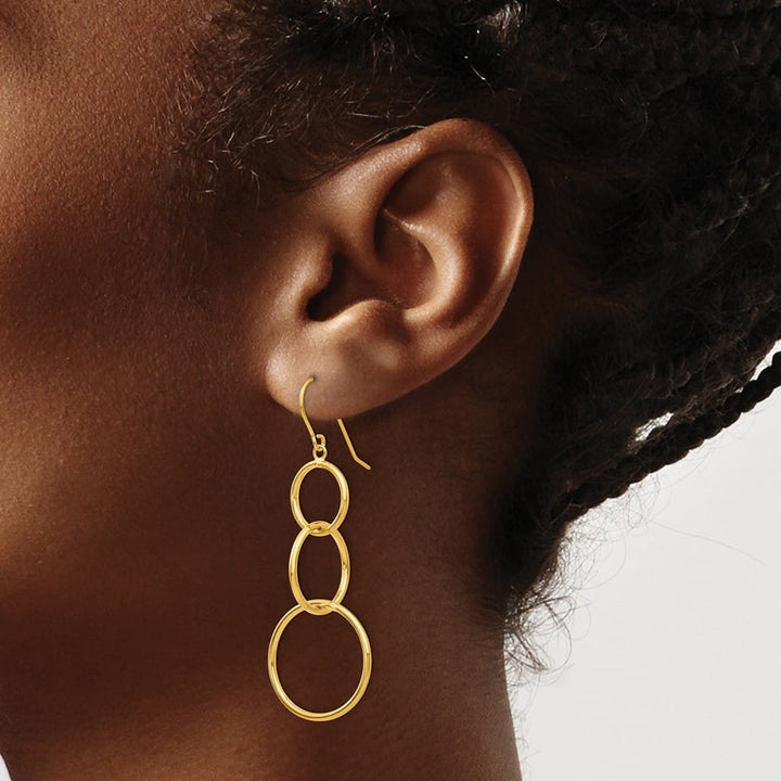14K Yellow Gold 3 Circle Dangle Wire Earrings, view 3 of 4