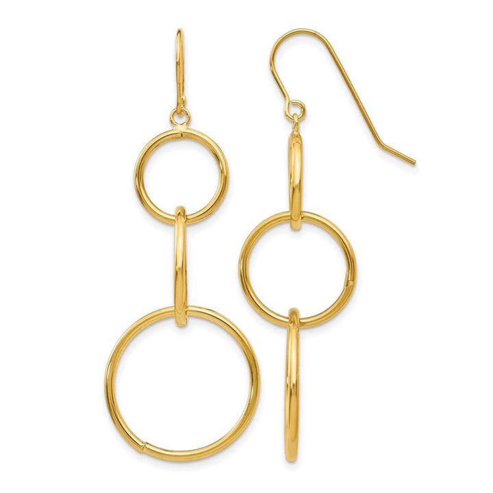 14K Yellow Gold 3 Circle Dangle Wire Earrings, view 1 of 4