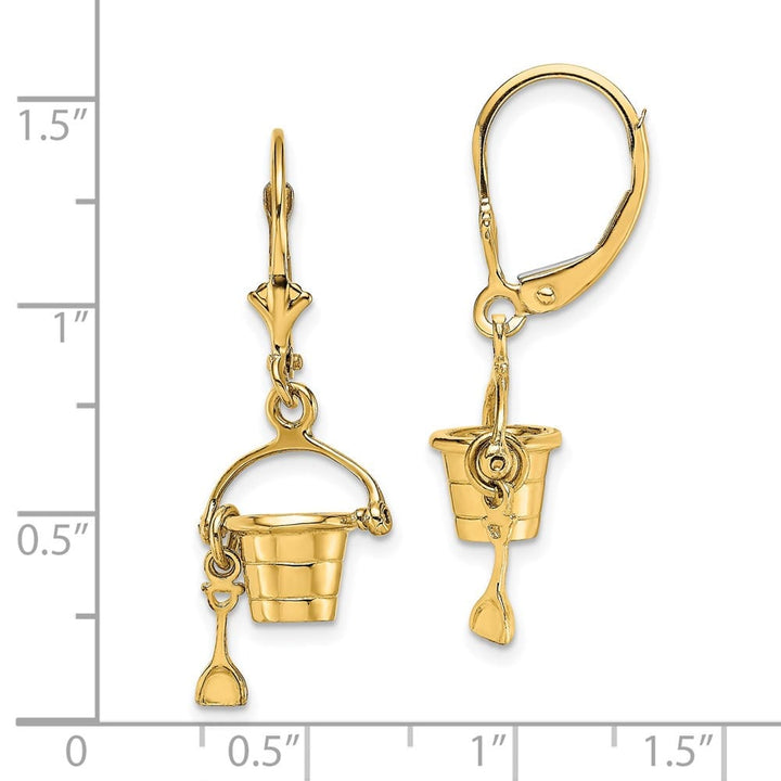 14K Yellow Gold 3-D Beach Bucket with Shovel Dangle Leverback Earrings, view 4 of 4
