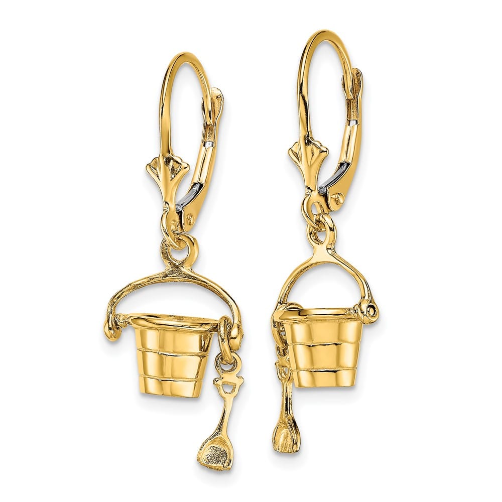 14K Yellow Gold 3-D Beach Bucket with Shovel Dangle Leverback Earrings, view 2 of 4