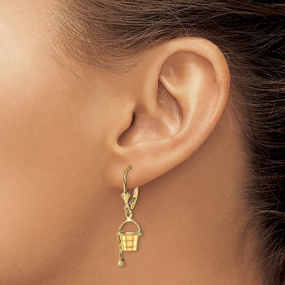 14K Yellow Gold 3-D Beach Bucket with Shovel Dangle Leverback Earrings, view 3 of 4