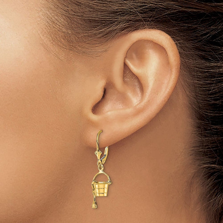 14K Yellow Gold 3-D Beach Bucket with Shovel Dangle Leverback Earrings, view 3 of 4