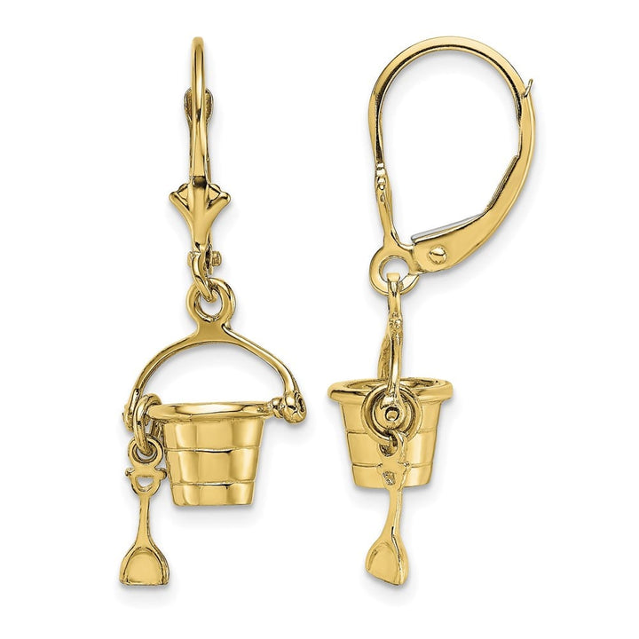 14K Yellow Gold 3-D Beach Bucket with Shovel Dangle Leverback Earrings, view 1 of 4