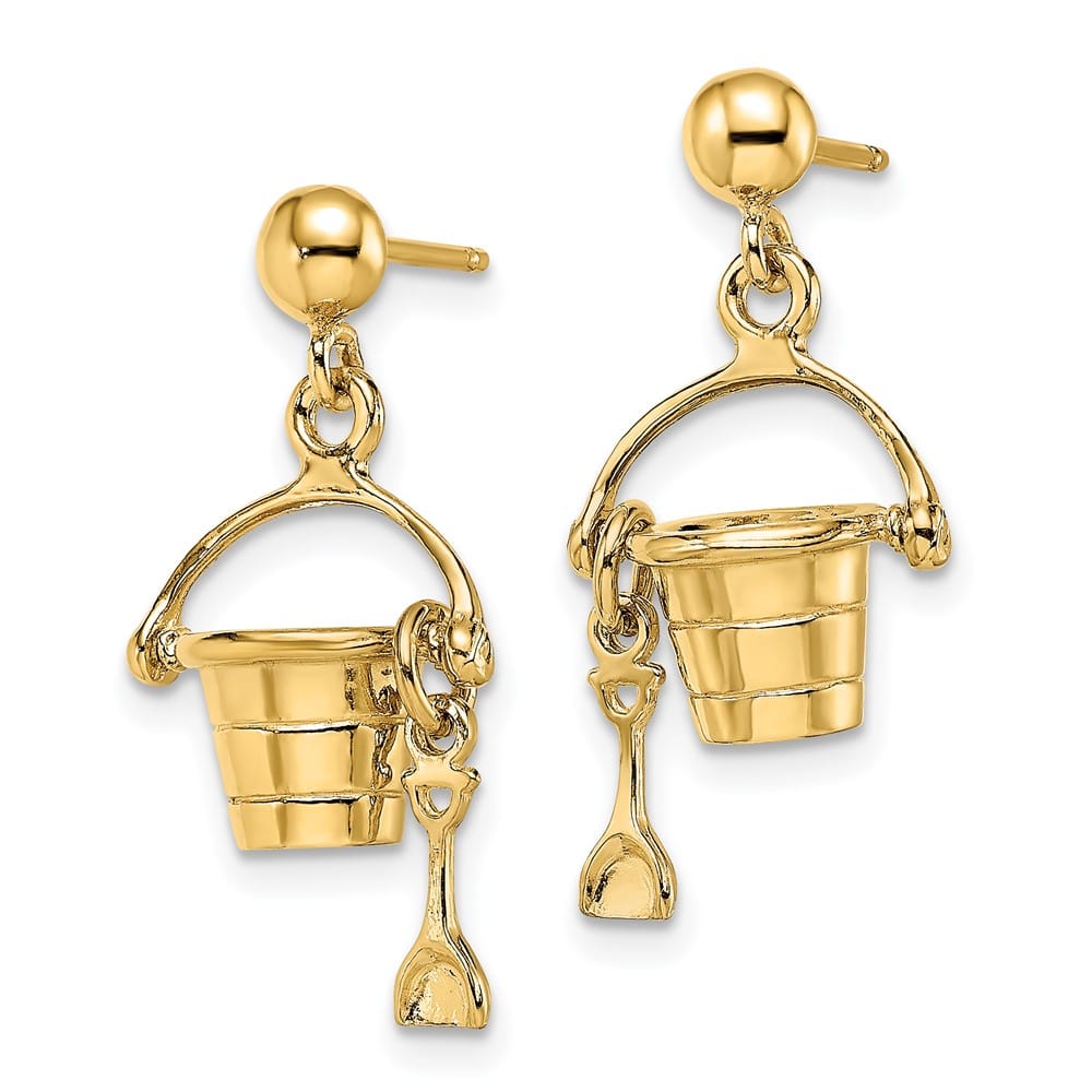 14K Yellow Gold 3-D Beach Bucket with Shovel Dangle Post Earrings, view 2 of 4