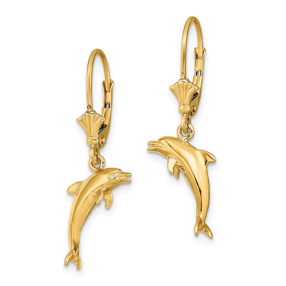 14K Yellow Gold 3-D Dolphin Jumping Dangle Leverback Earrings, view 2 of 4