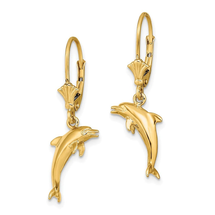 14K Yellow Gold 3-D Dolphin Jumping Dangle Leverback Earrings, view 2 of 4