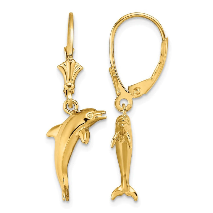 14K Yellow Gold 3-D Dolphin Jumping Dangle Leverback Earrings, view 1 of 4