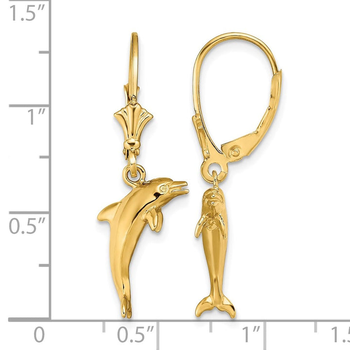 14K Yellow Gold 3-D Dolphin Jumping Dangle Leverback Earrings, view 4 of 4