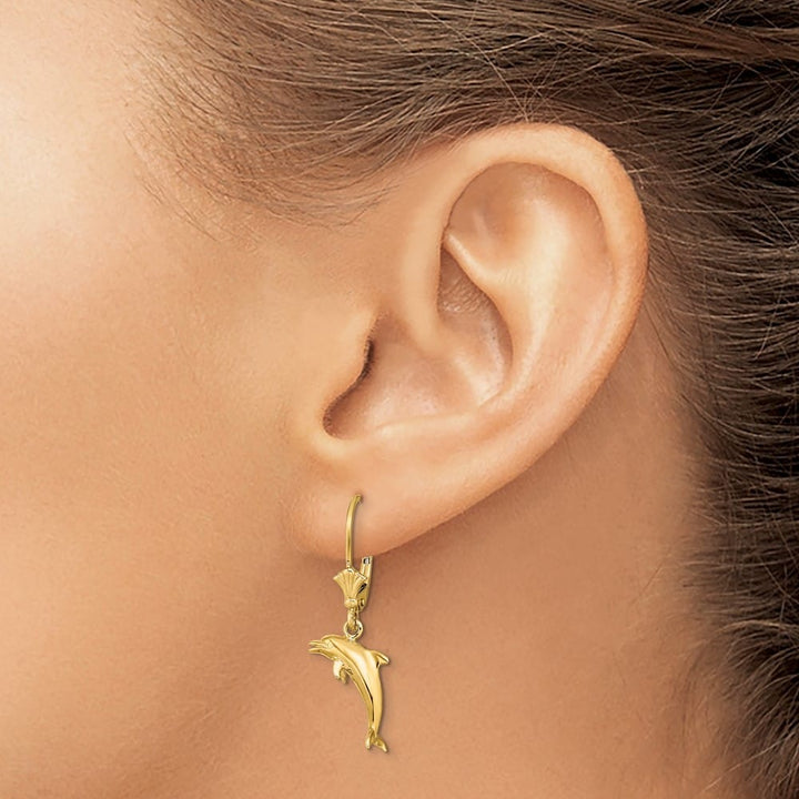 14K Yellow Gold 3-D Dolphin Jumping Dangle Leverback Earrings, view 3 of 4